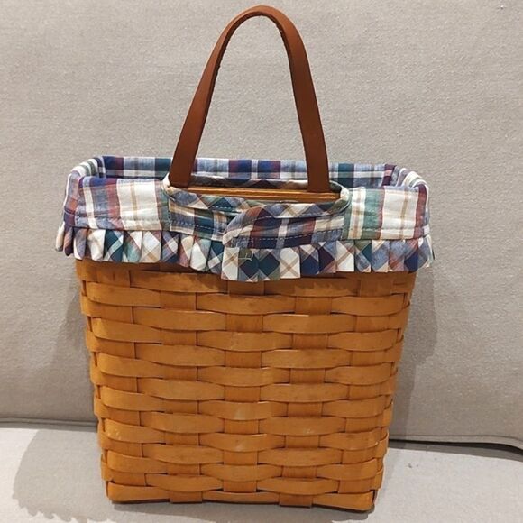 Longaberger Handwoven Tall Wall Hanging Basket Leather Handle Plaid Liner 1999 - Picture 2 of 9